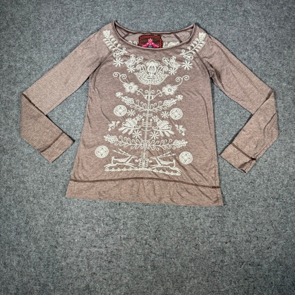 JW Los Angeles‎ Johnny Was Embroidered Long Sleeve Scoop Neck Top Womens S